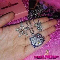 Y2k Hello Kitty Sanrio Necklace with Chain Alloy Silver Crystals Female Charm Rhinestone Goth Pendant Jewelry Valentine Day Gift