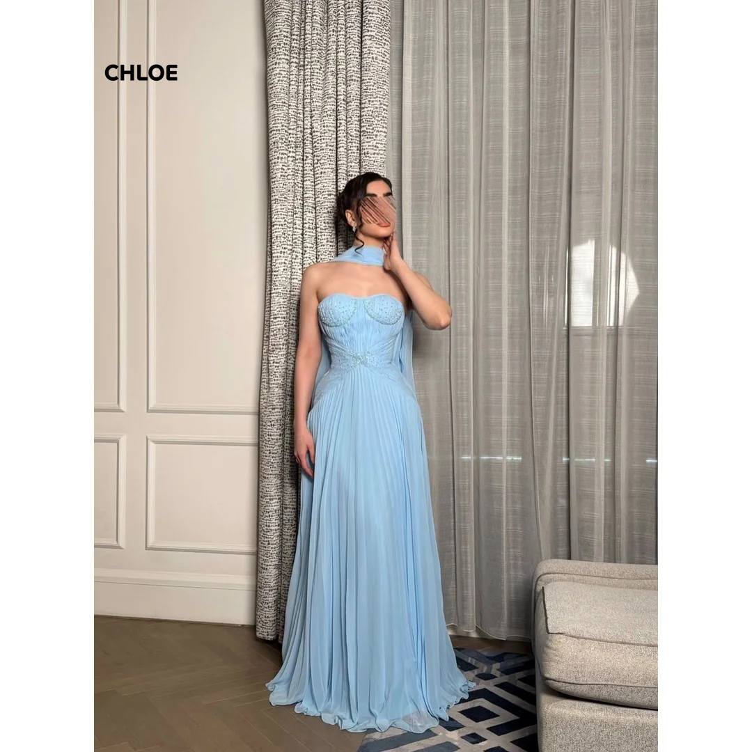 

Line A Ball Gowns Sleeveless Luxurious Women's Evening Dresses Woman Elegant Party Dresses for Wedding Woman Customized Sky Blue
