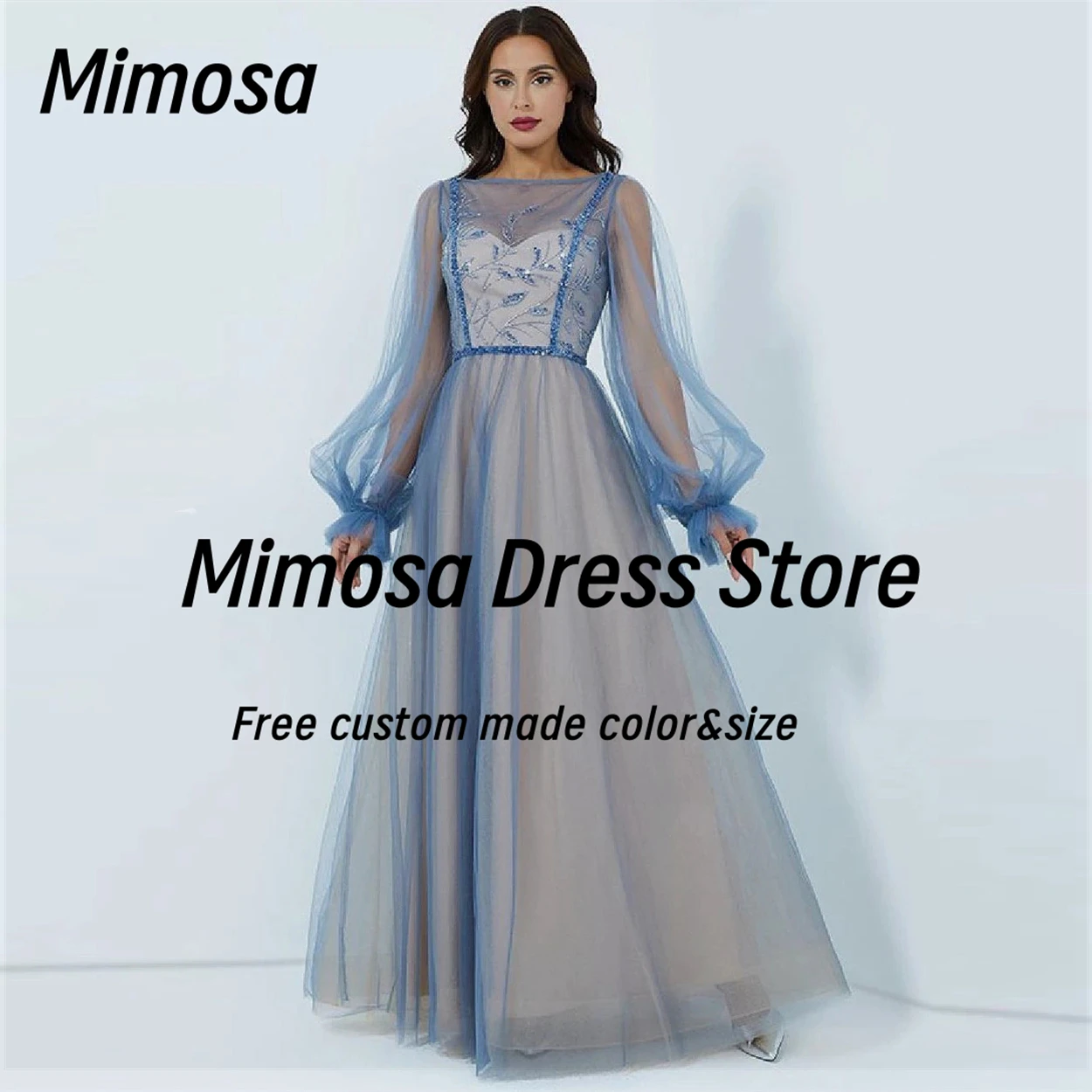 

Mimosa Illusion платья для выпускного вечера с длинными рукавами 2025 вечерние платья ручной работы с бисером трапециевидной формы из тюля для невесты свадебное платье по индивидуальному заказу