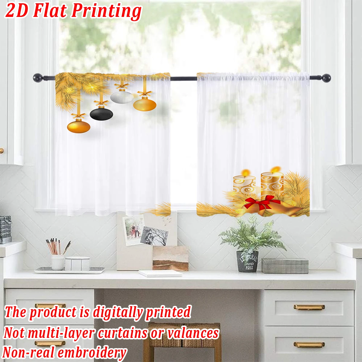 Christmas Flat Printing Kitchen Sheer Curtain with Merry Christmas Ball Candle Ornament For Christmas Home Decor  Party