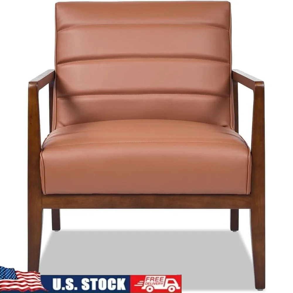 

Set of Two Lounge Accent Chairs Genuine Leather Upholstered Durable Mid Century Modern Design Solid Wood Frame Sinuous Spring