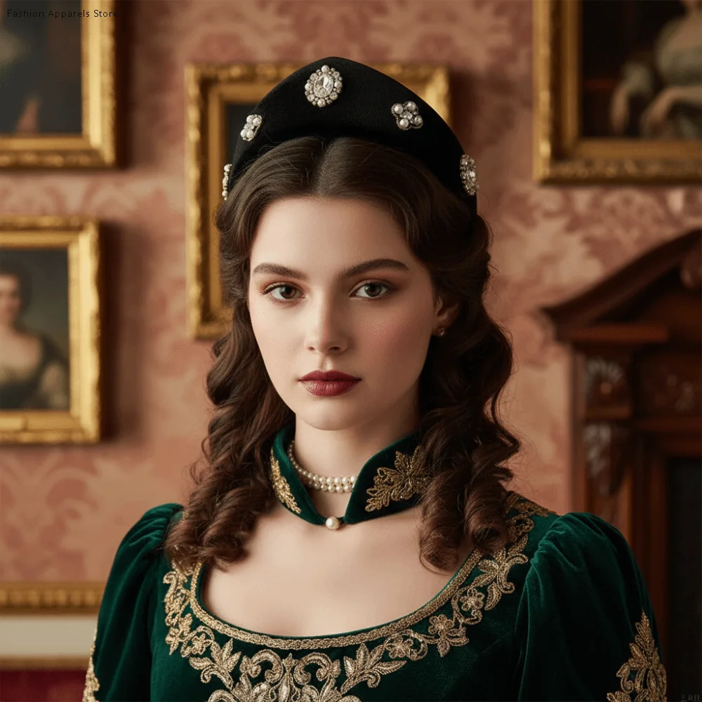 

Элегантная бархатная треугольная повязка на голову в британском стиле барокко со стразами и жемчугом, повязка на голову, классические винтажные аксессуары для волос, вечерние