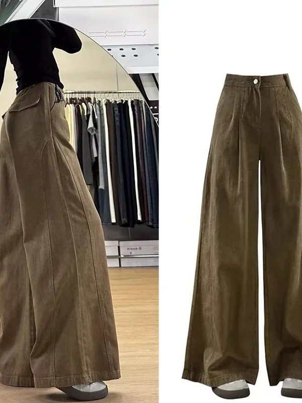 

Широкие джинсы цвета хаки в американском стиле ретро с высокой талией, женские свободные свободные брюки длиной до пола, осенние новые брюки