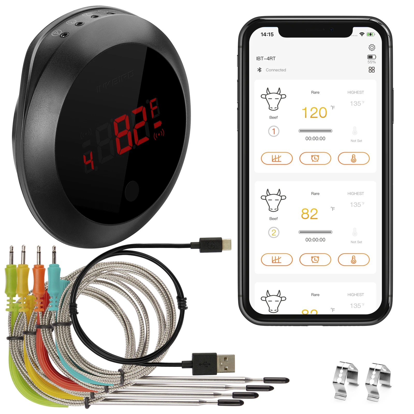 

【Stock Clearance】INKBIRD IBT-4RT Smart BBQ Thermometer Digital Display Screen Bluetooth Meat Thermometer with 4 Colored Probes