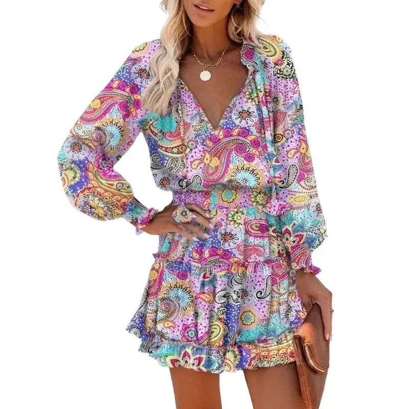 

Plus Size New Fashion Women Long Sleeved V-neck Fashion Printed Waist Cinching Dress Unique Design Showcasing Personal Charm