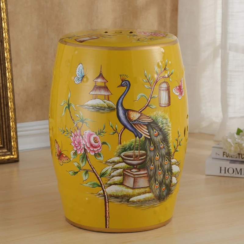 Ceramic Vanity Stool with Chinese Floral&Bird Pattern,Multi-Purpose Shoe Changing Seat for Bedroom,Aesthetic Home Decor Accent