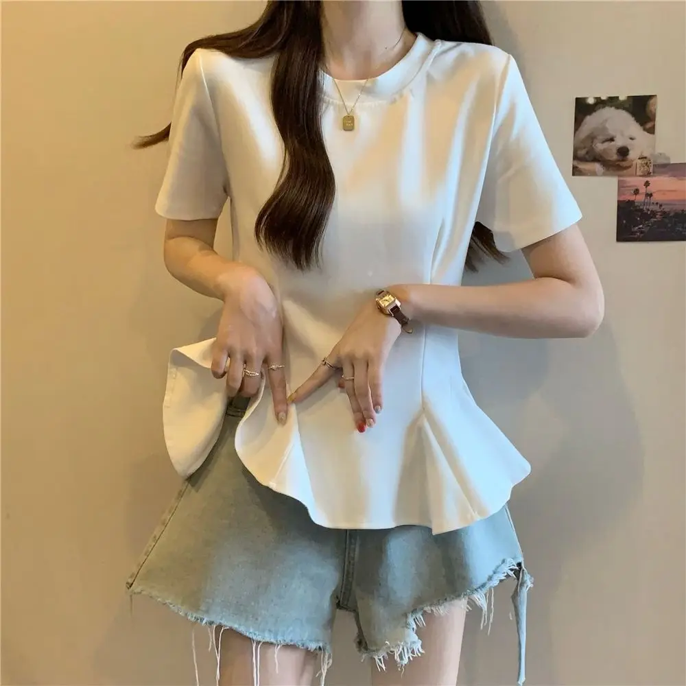 T-shirt short-sleeved women's summer new plus size women's belly cover stitching design slim chic loose lotus leaf top