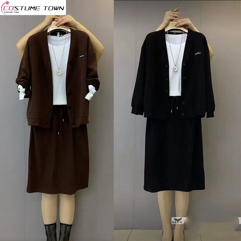 Large Women's 2023 Autumn/Winter New Casual Versatile Women's Slim Fit Fashion Simple Skirt Set Three Piece Set