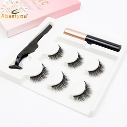 Abestyou Makeup Set 3d 3pairs Reusable Natural Fulffy Lashes Non Glue Magnetic Eyelashes Eyeliner Kit Makyaj Aletleri Faux Cil