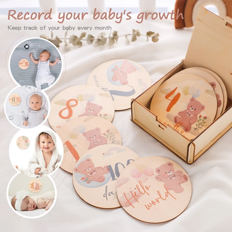 8Pcs Newborn Wooden Milestone Cards 0-12 Months Bear Baby Memories Cards Newborn Photography Props Accessories Birthing Gift