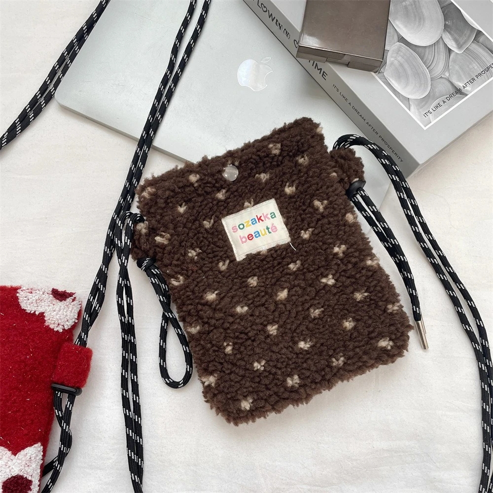 Women Plush Crossbody Bag Striped Floral Mobile Phone Bags Cute Mini Wallets Plush Shoulder Bags 2025 Autumn Winter Coin Purse image 6