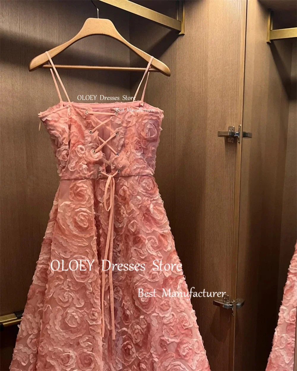 OLOEY Elegant Pink Floral Lace Evening Dress Arabic Modest Spaghetti Straps Wedding Party Dress Formal Prom Gowns Custom Made