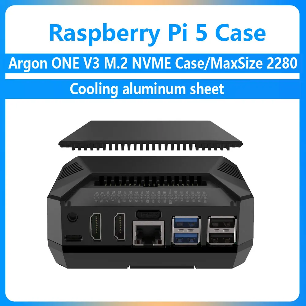 Carcasa de aluminio Argon ONE V3 M.2 NVME, disipador térmico de tamaño máximo 2280 para Raspberry Pi 5 PCIe a M.2 NVME SSD