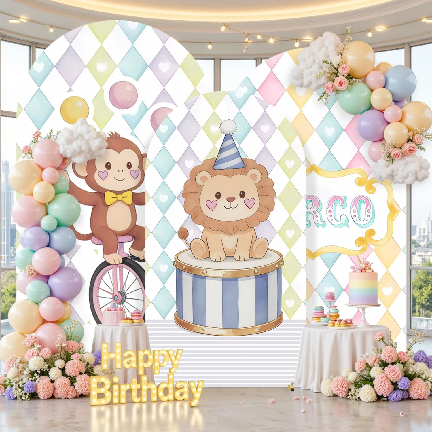 

Pink Circus Arch Cover Background Rainbow Screen Girls Birthday Kids Portrait Monkey Lion Acrobatic Performance Arched Backdrop