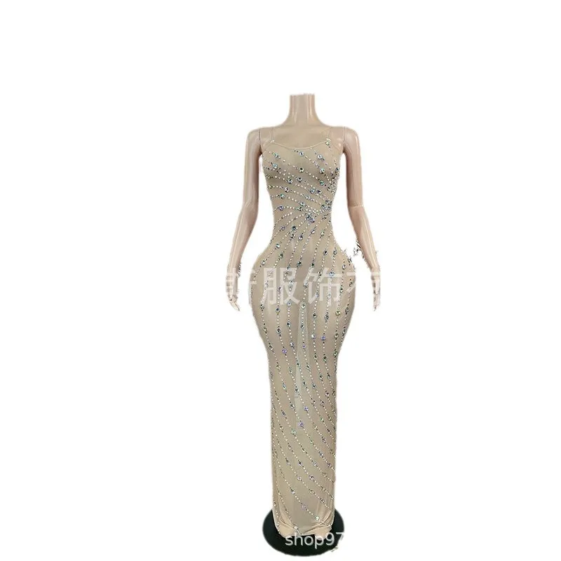 

Elegant Women's Dazzling Diamond Sexy Perspective Sleeveless Wedding & Party Dress Dream Suspender Style Women Vallentain Dress