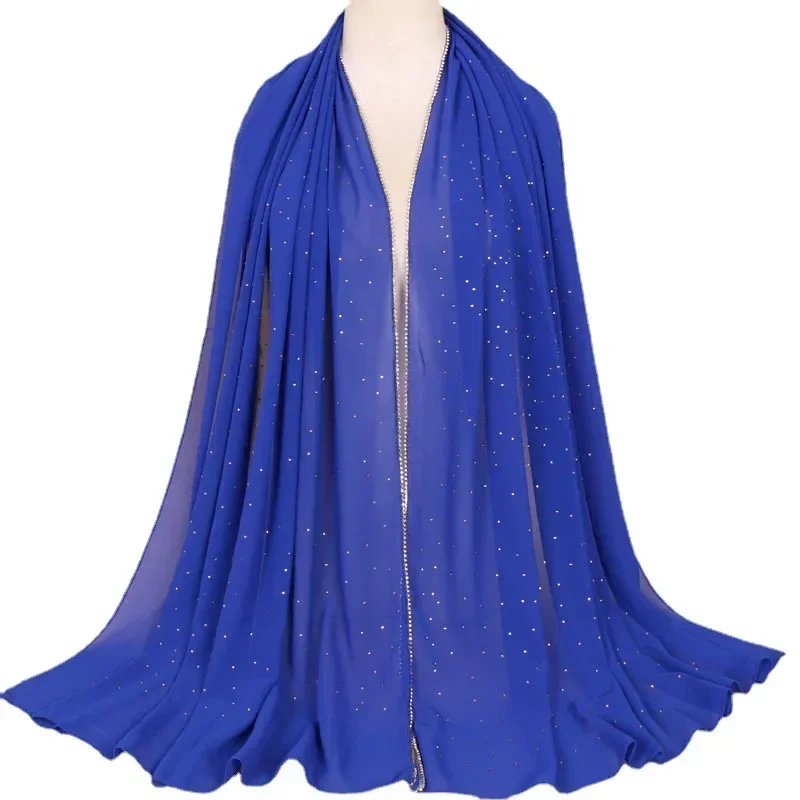 Hijab de chiffon com corrente de pérola de luxo – lenço muçulmano aparado com strass, xale de oração elegante de cor sólida para mulheres