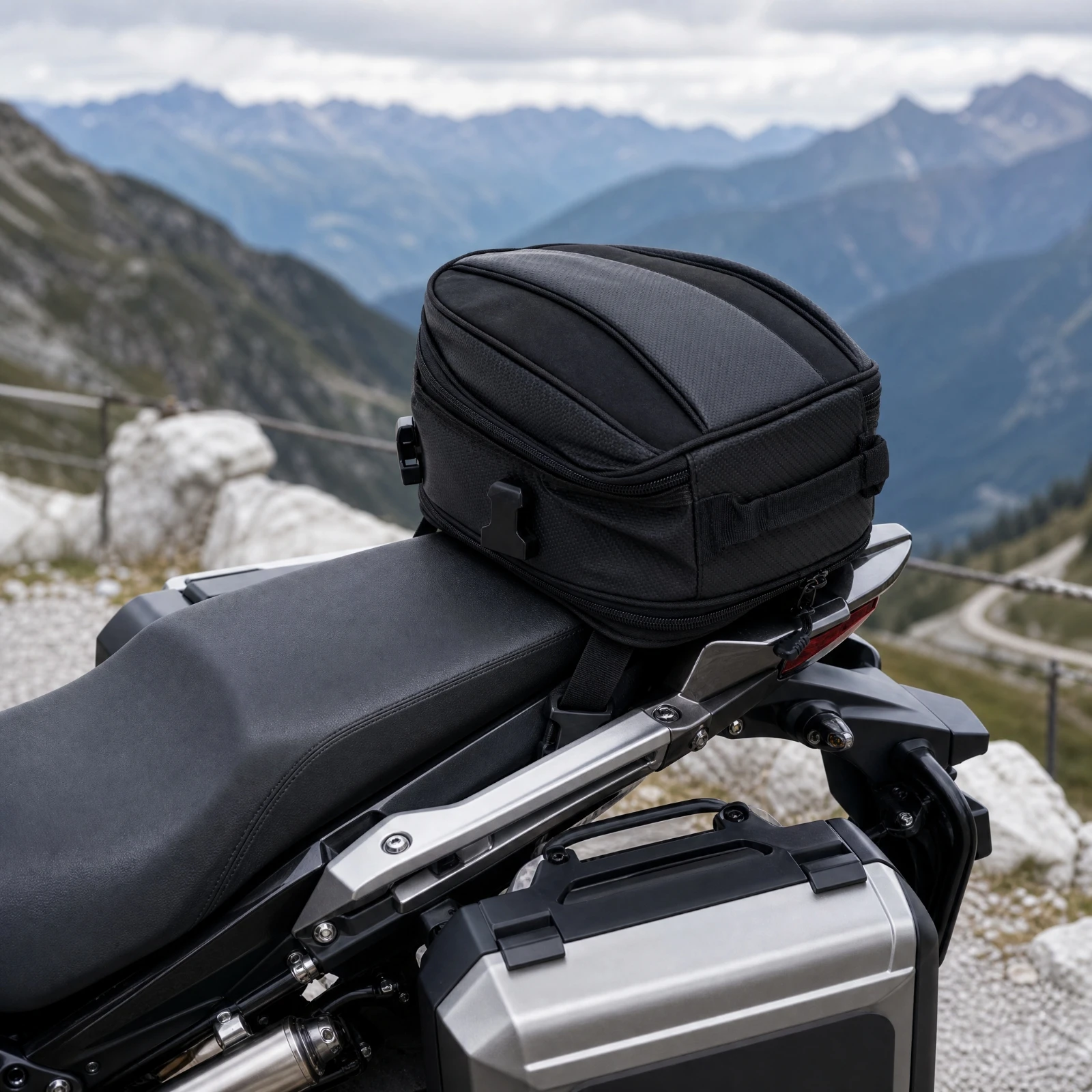 Motorcycle Rear-Seat Luggage Bag Padded Motorcycle Tail Bag with Waterproof Cover Adjustable Multiple Pockets for Touring Riders