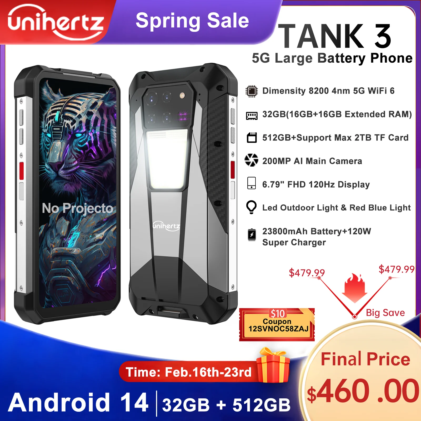 

Unihertz Tank 3 by 8849 Rugged Smartphone 32GB 512GB 23800mAh 120W Charger Dimensity 8200 5G Cell Phone 200MP 120Hz Mobile Phone