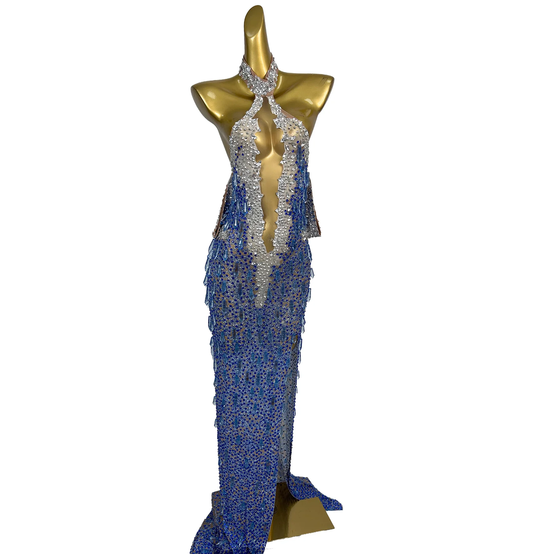 

Haiyangzhixing Blue Silver Rhinestone Halter Mermaid Gown Sheer Mesh Cutout Bodycon Dress for Stage Performance Evening Party