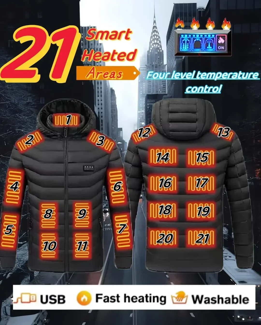 Veste chauffante à capuche noire, manteau en coton, chauffage rapide, 21 zones, extérieur, canadisme, ski, imbibé, multi-zone, 2024