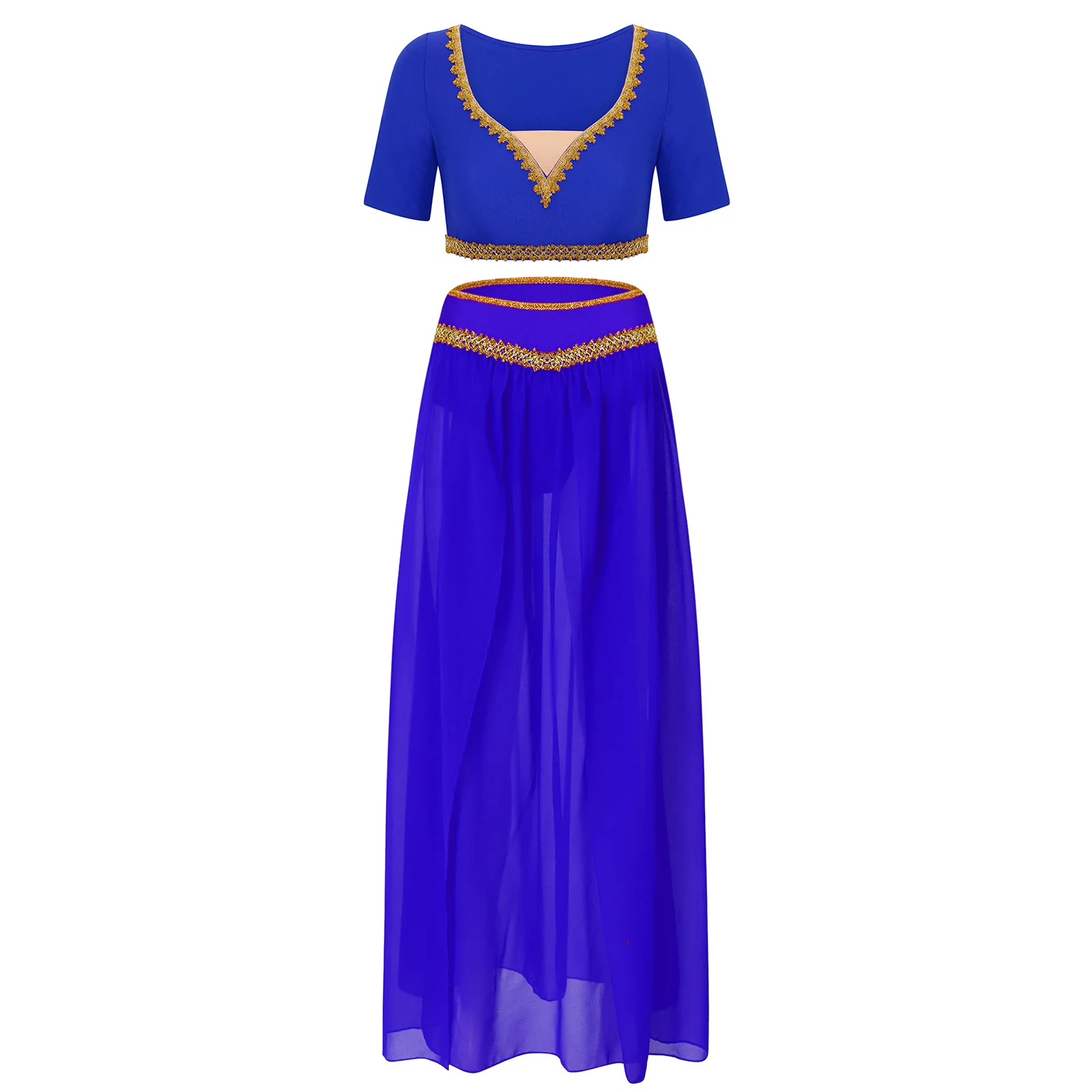 

Sexy Arabian Princess Outfit Two Piece Belly Dancing Set Womens Short Sleeve Top And Flowy Long Skirt for Cosplay Themed Parties