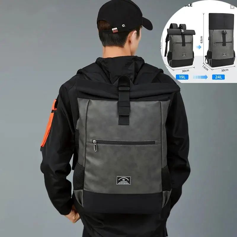 

Casual Roll top Backlpack Waterproof usb Laptop Backpacks Bags Lightweight PU Leather Men Luxury Travel Backpack for Women Men