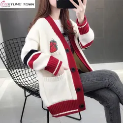 Cardigã vermelho de malha solta feminino, suéter elegante e preguiçoso, casaco edição coreana, outwear para outono e inverno, novo, 2023