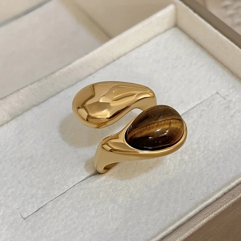 Huitan Modern Fashion Teardrop Imitation Tiger Eye Open Rings for Women Gold Color Minimalist Daily Party Lady Statement Jewelry - view 2