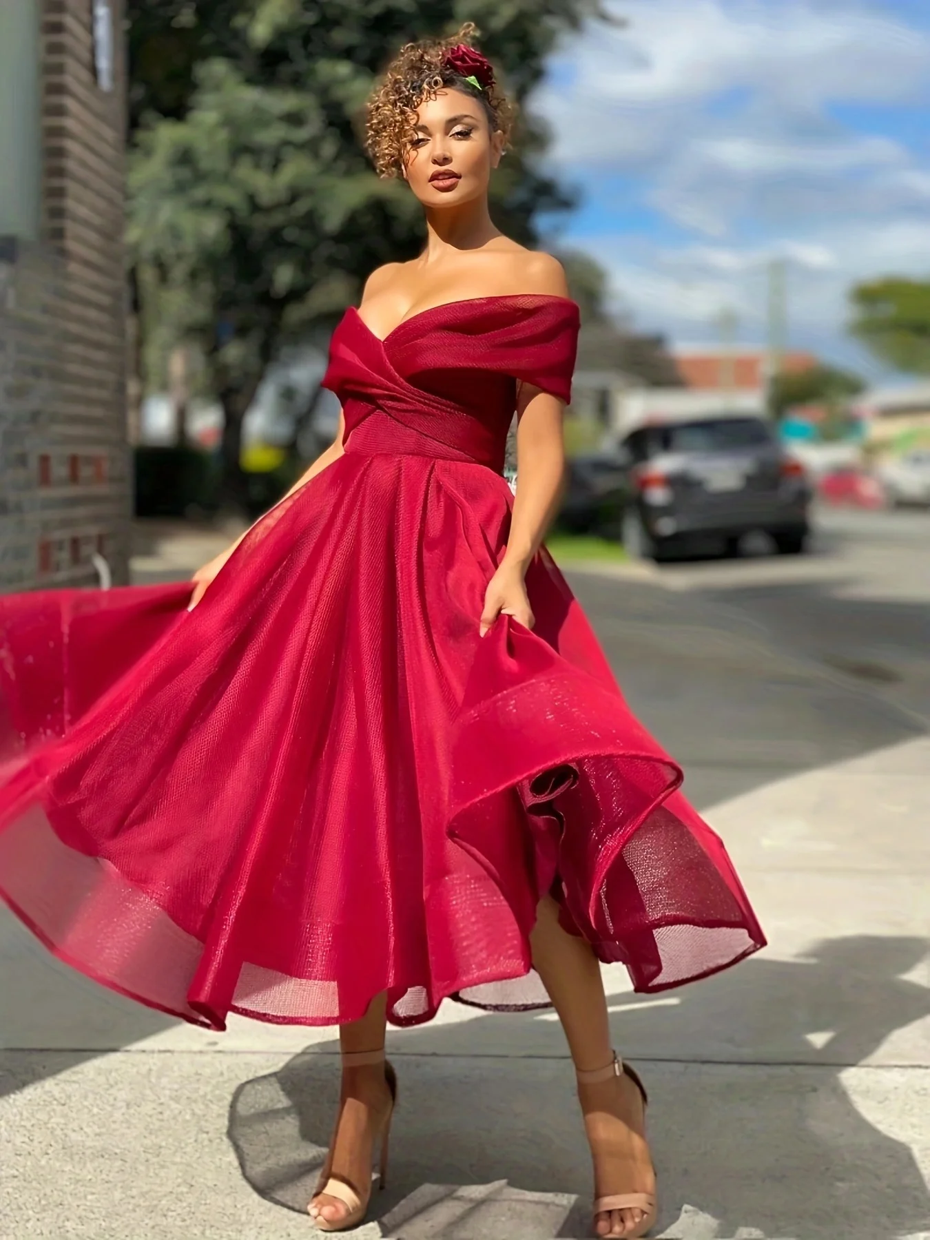 Women\'s plus size dress 2025 elegant wedding new sexy sloping collar off shoulder slim fit A-line evening party MIDI dress