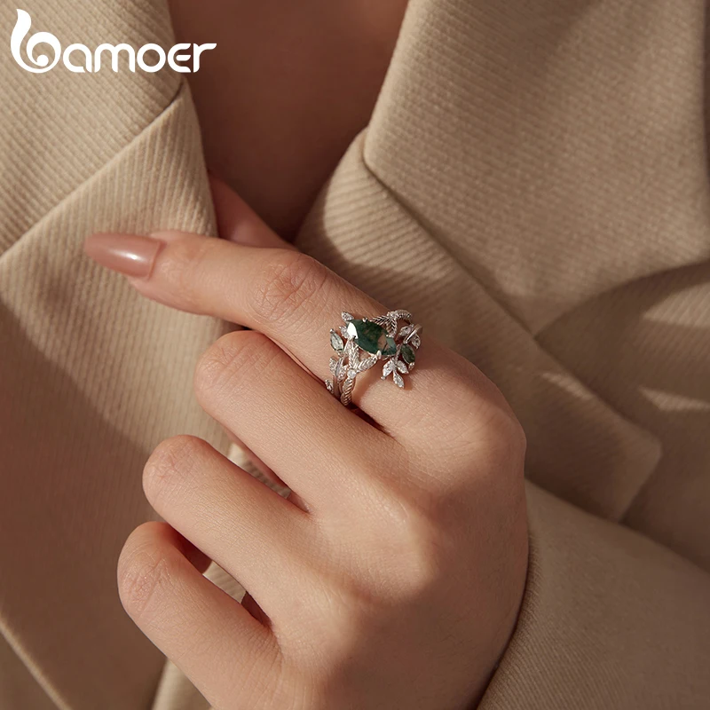 BAMOER Natural Moss Agate Leaf Ring 925 Sterling Silver Stackable Plants Rings Set for Women Party Fine Jewelry Gift 2