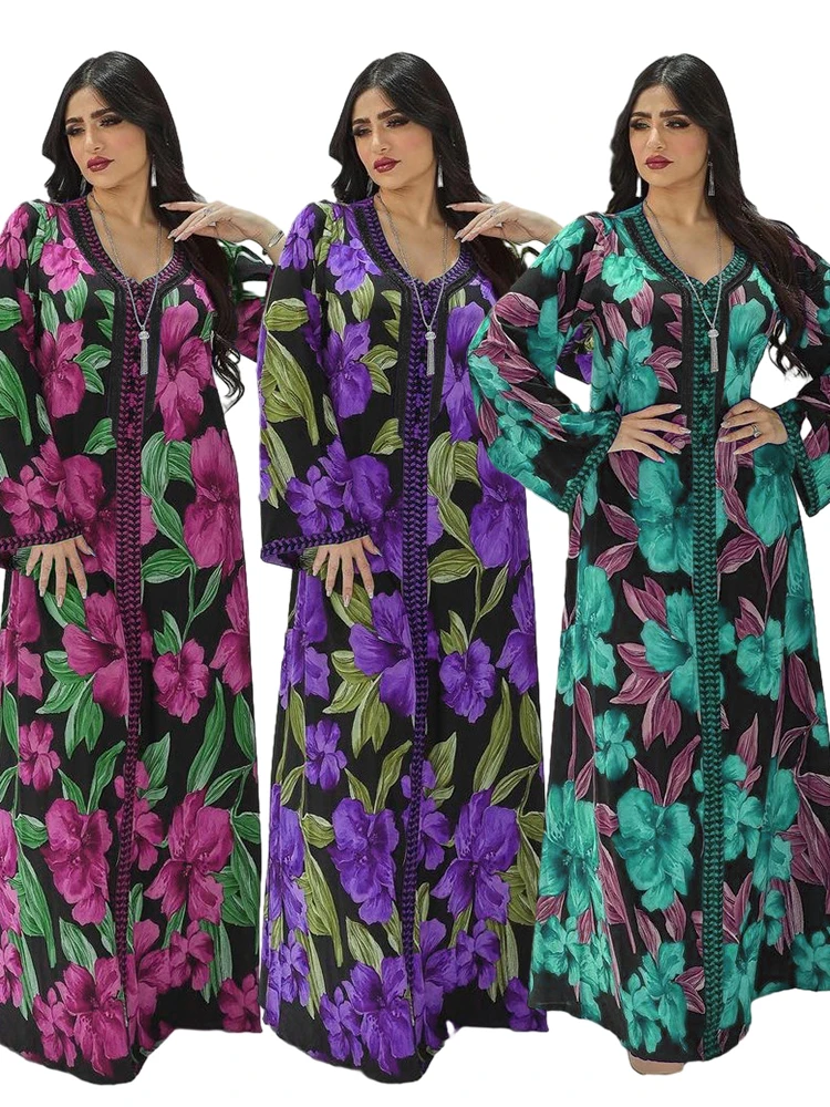 

Eid Muslim Jalabiya Dress for Women Print Abaya Morocco Party Dresses Woman Ramadan Dubai Kaftan Robe Longue Vestidos Largos