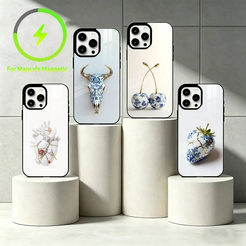 

B-Blue and white porcelain Phone Case For iPhone 17 16 15 14 13 12 Pro Max Plus for Mirror Wireless Magnetic Cover