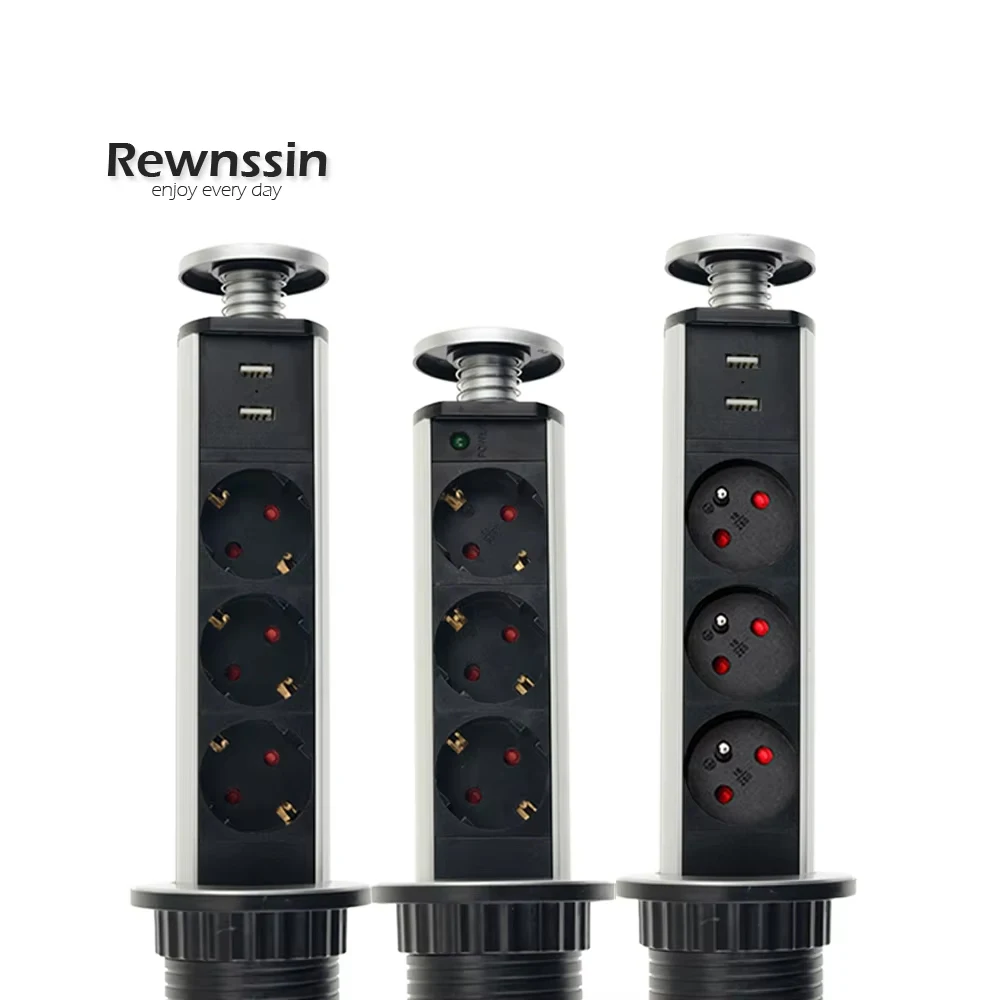 

EU French Pop-Up Hidden Desktop Socket 250V Extendable Tabletop Plug With LED And USB Interface Kitchen Meeting Room Office