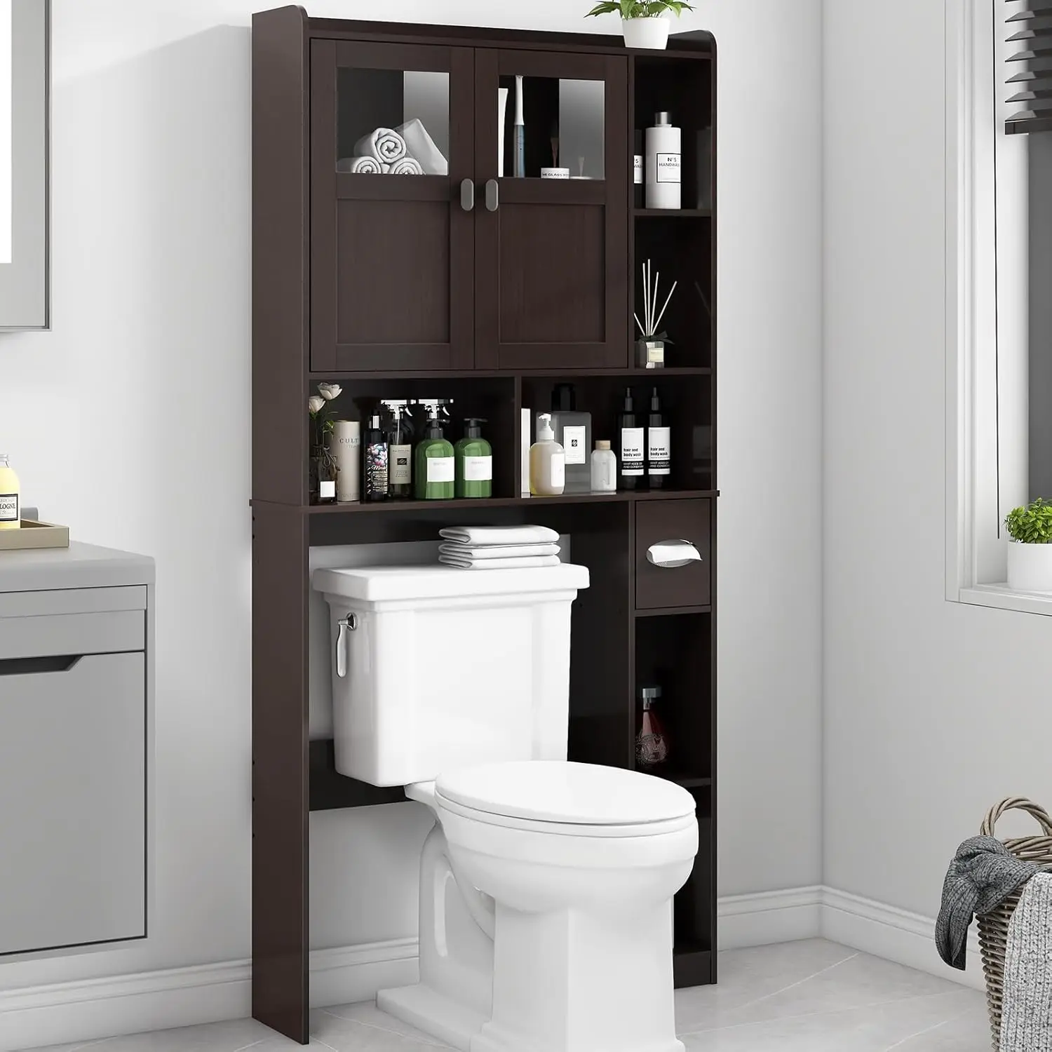 

Over The Toilet Storage Cabinet, Bathroom Shelf Over Toilet with Glass Doors and Adjustable Shelves, Espresso Freestanding Ho