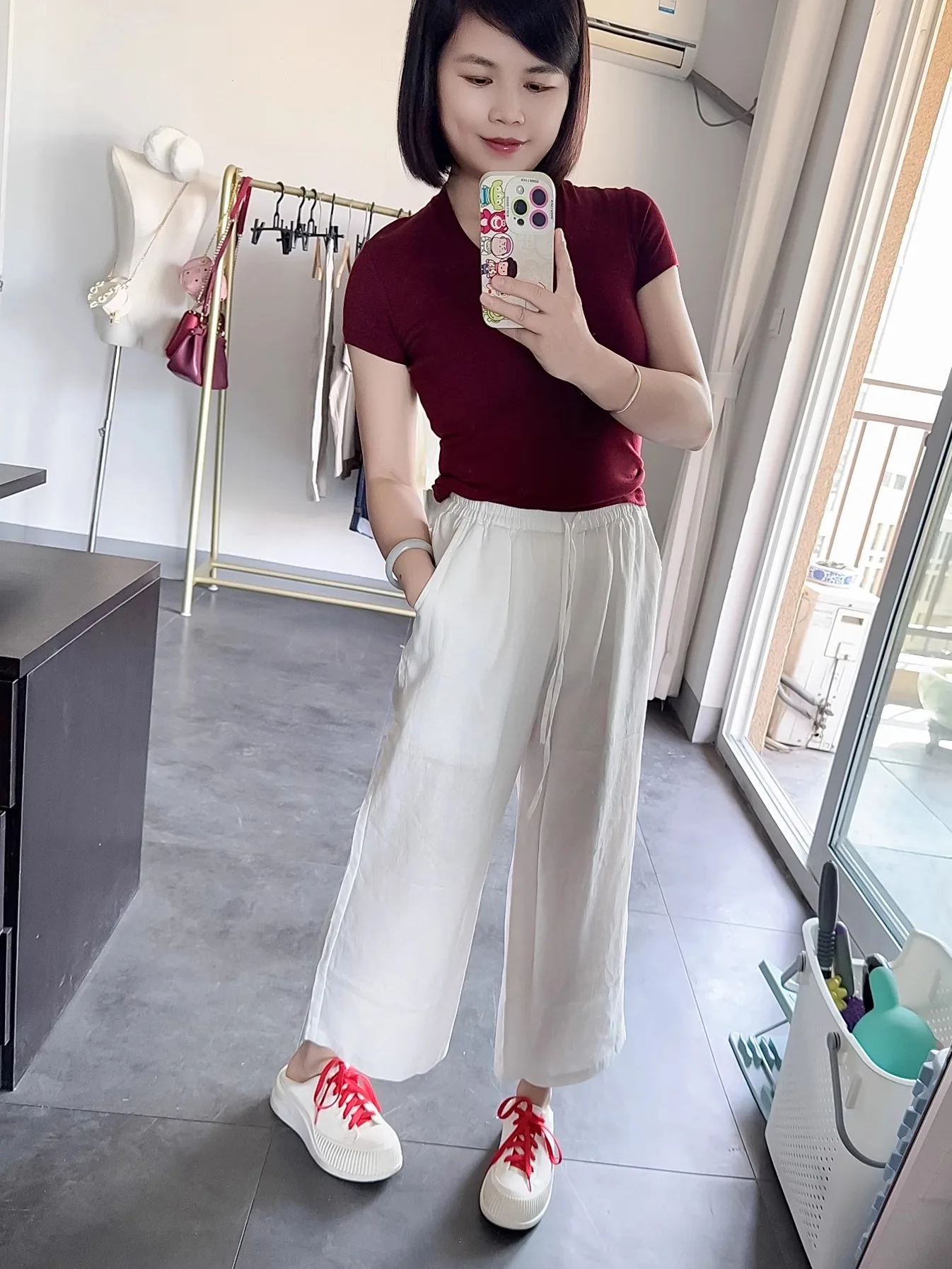 Elegant Loose Straight Leg Trousers Women's Elastic Waist Simple Artistic Wide Leg Pants Pure Linen Nine Points Casual Pants