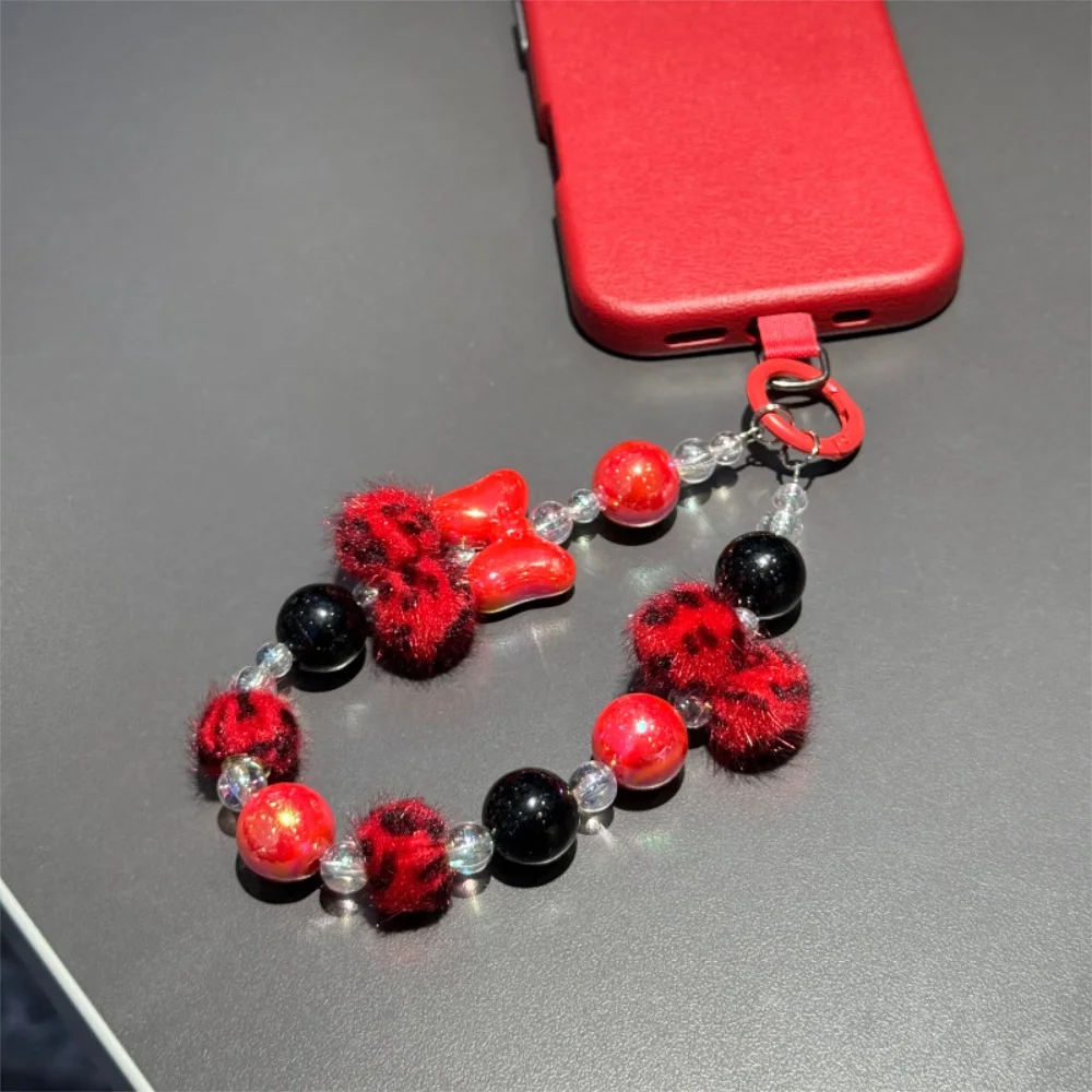 Winter Leopard Colorful Phone Lanyard Chain Pendant Beaded Heart Bag Decoration Pendant Crystal Hanging Ornament Bow Anti Lost