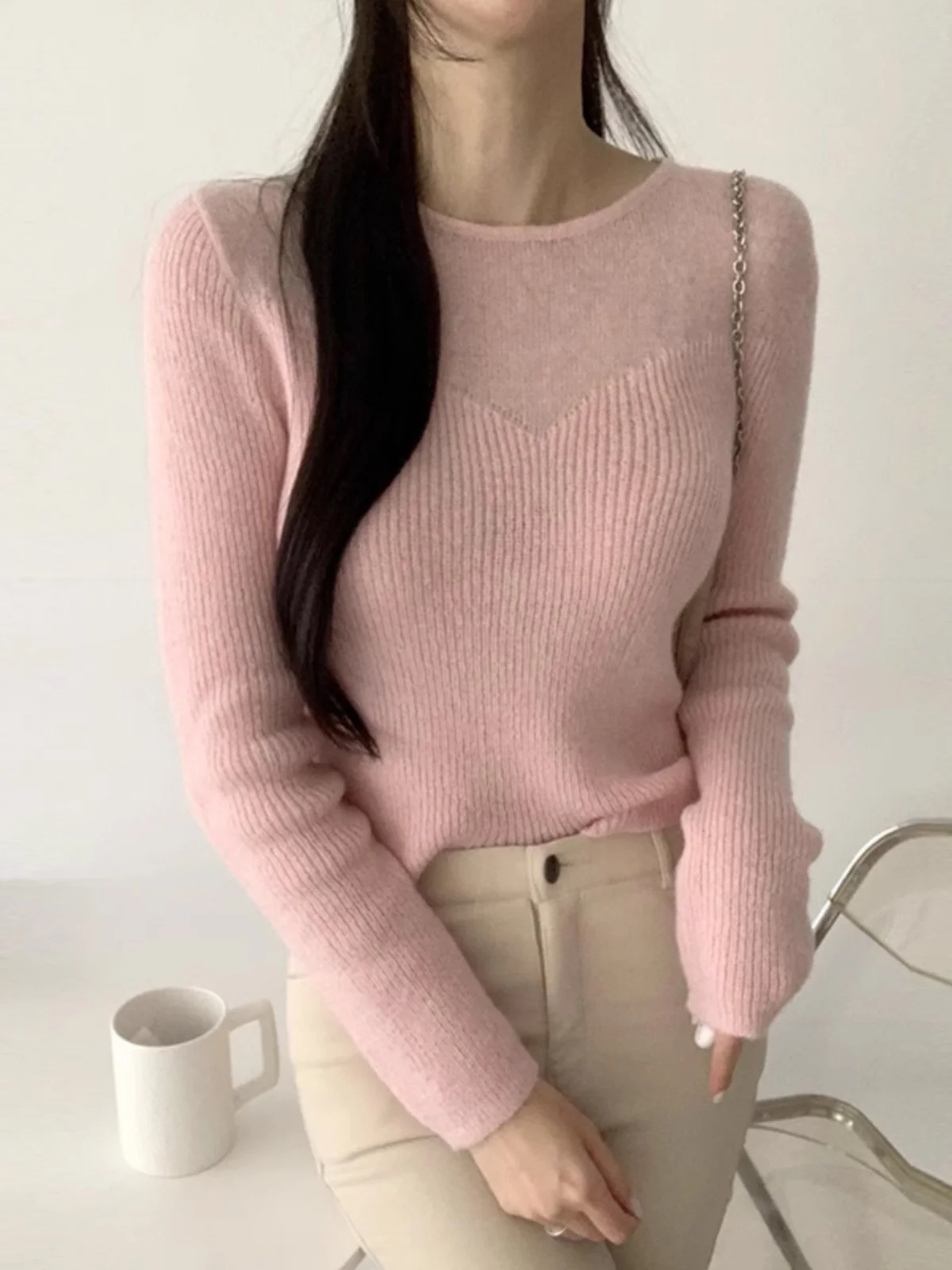 Slim Fit Knitted Sweater Women's Base Layer Chic Design Sense Splice Anti-Aging Knitwear Korean Sle Commute Pure Color