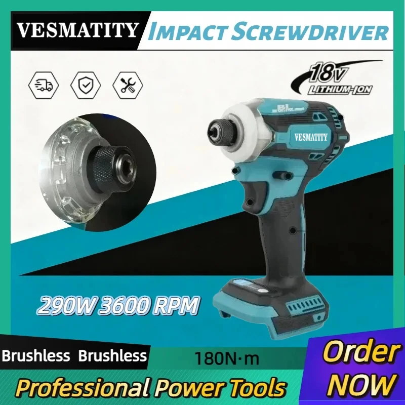 Cordless Impact Driver, Brushless Motor, 180N·m, Lightweight, One-Hand Mode Switch, for Makita battery for DIY Repair