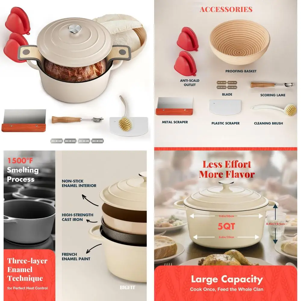 

Enameled Cast Iron Dutch Oven for Bread Baking, 5 Quart Multi-Functional Pot with Lid, Bread Pan, Sourdough Baking Supplies