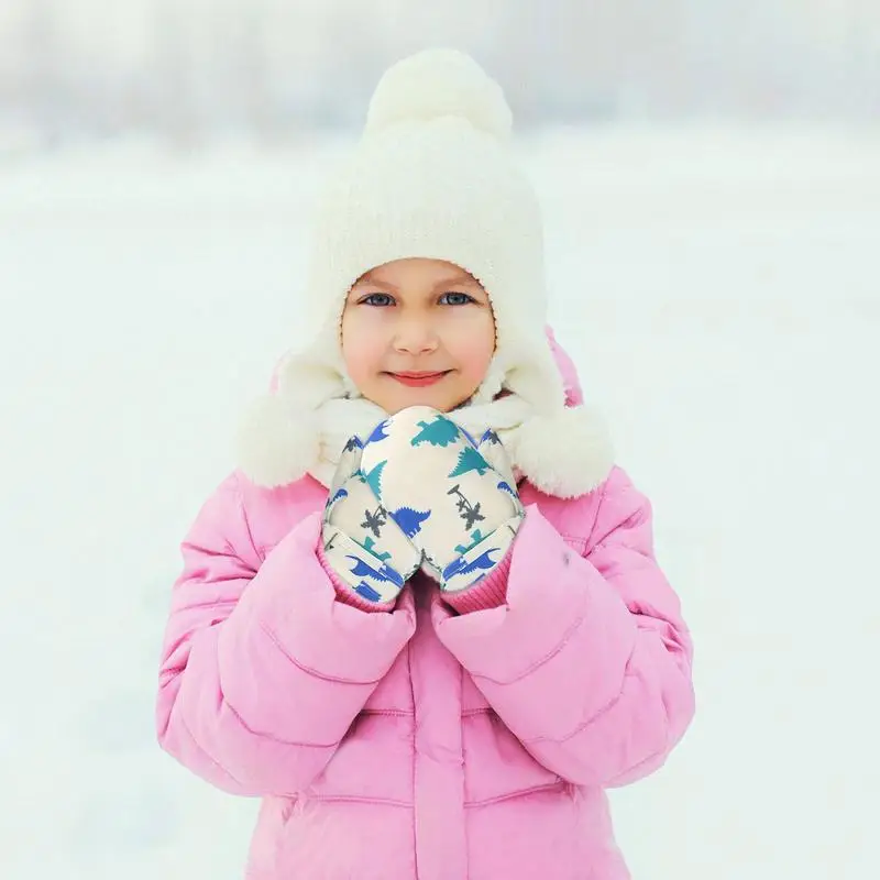 Zimowe rękawice narciarskie 1 para polarowe rękawice narciarskie dla dzieci z kreskówek Śnieżne lub deszczowe dni Szybkoschnące rękawiczki z nadrukiem dinozaura dla