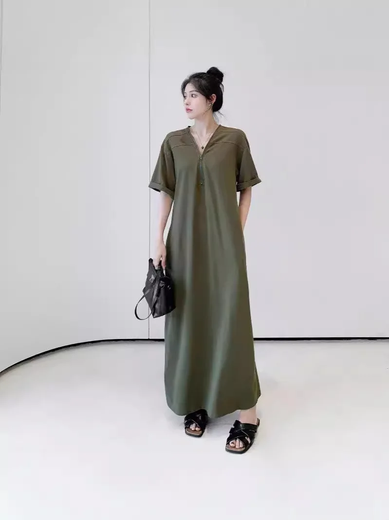 Elegant Dress Plus Size V Neck Dress Retro Zip Long Maxi Dress Loose Tummy Control Flowy Comfortable Summer Breathable Gown