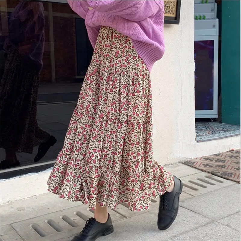 Женская юбка в стиле бохо с цветочным принтом, хлопковая винтажная плиссированная юбка с рюшами, корейский стиль, юбка с высокой эластичной резинкой на талии faldas mujer moda