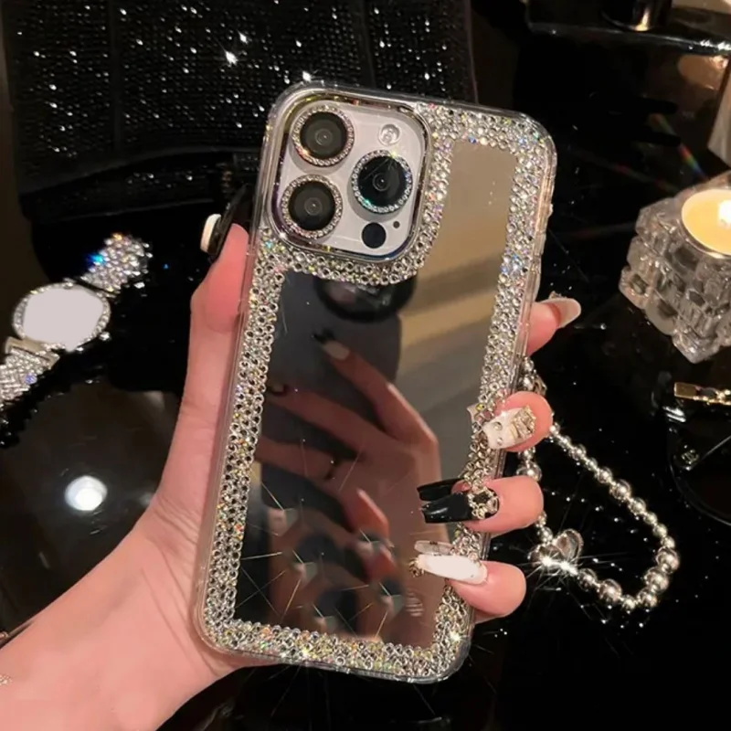 Luxury Glitter Diamond Make-Up Mirror Love Heart Chain Phone Case For iPhone 16 15 14 Plus 13 12 11 Pro Max Protect Back Cover