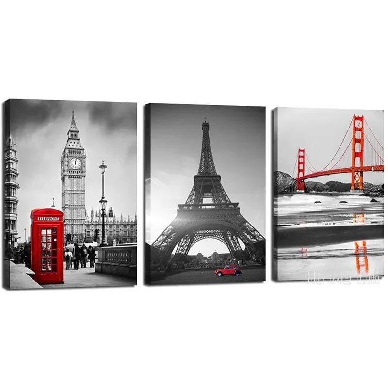 Canvas Prints By Ho Me Lili Wall Art Black And White Red Paris Eiffel Tower Golden Gate Bridge Modern City Home Office Decor