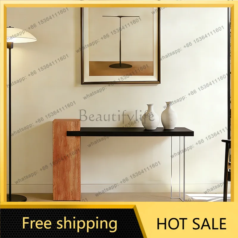PG natural travertine medieval entrance table household entry end view table against the wall, solid wood entrance creative plan