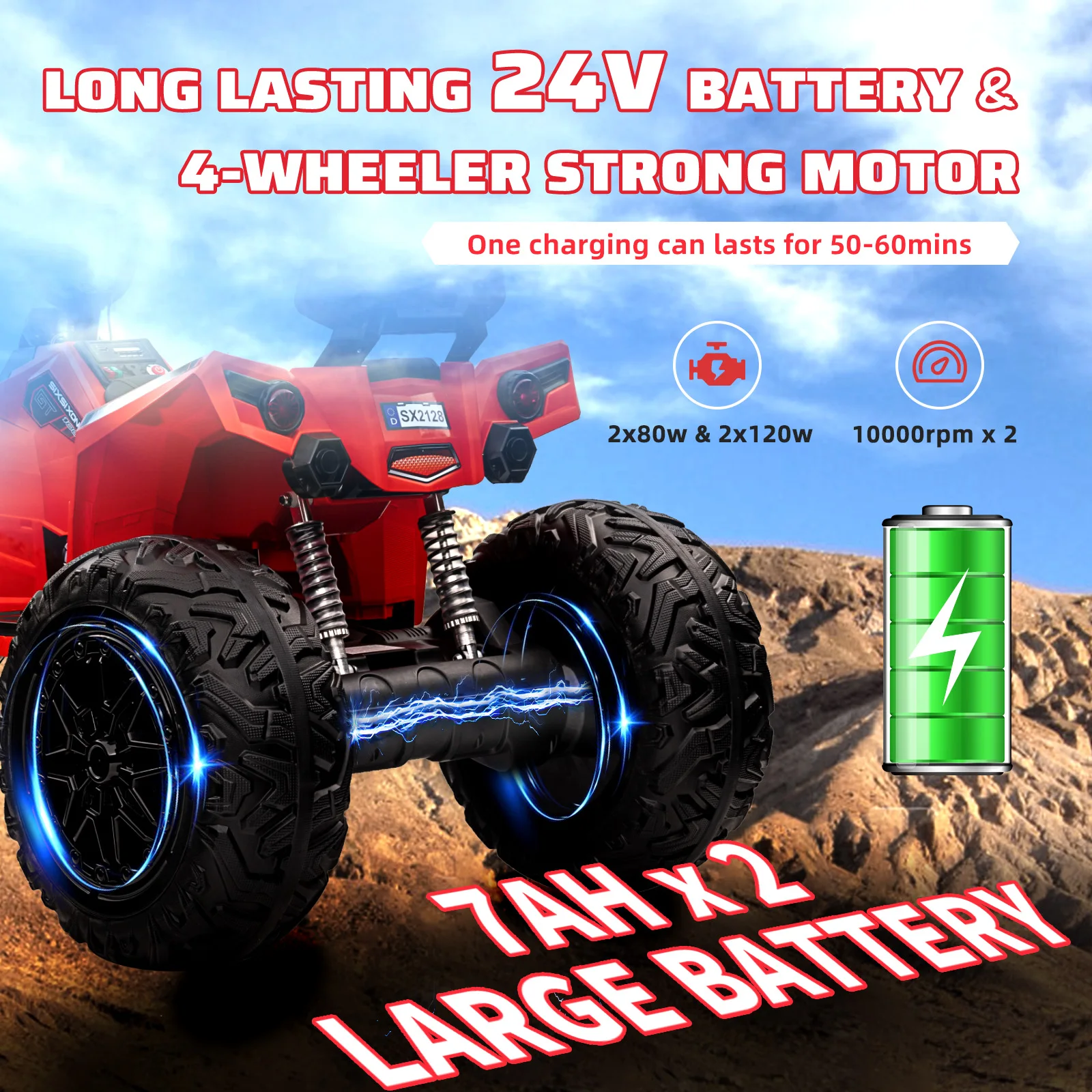 24V ATV voor kinderen, tweezits rit op auto 4WD quad elektrisch voertuig, 4x100W krachtige motor met 7AHx2 grote batterij gaspedaalhandgreep