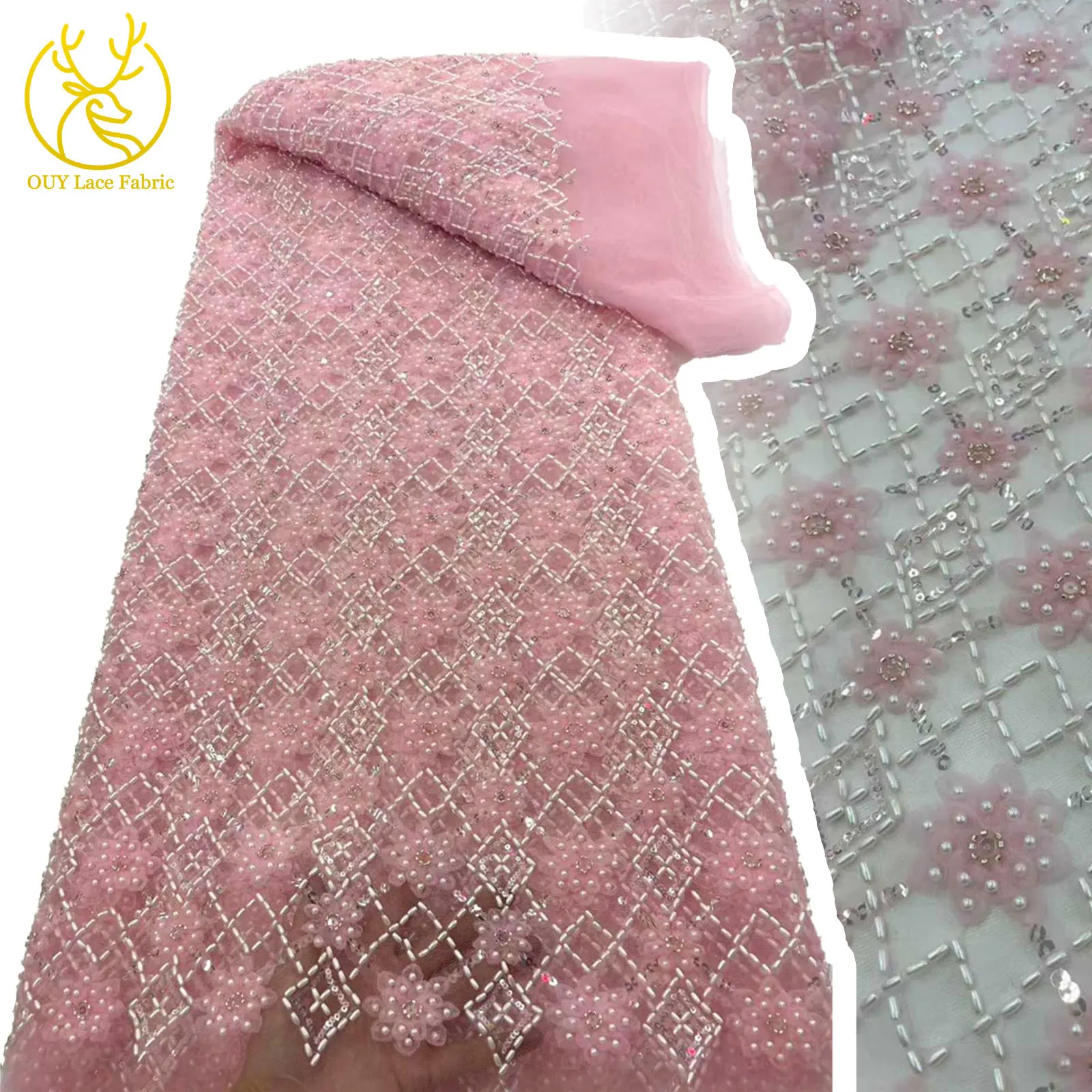

Beaded Lace Africa 2025 High Quality French Handmade Beaded Sequins Pink Tulle Fabric Nigeria Bridal Evening Party Costumes