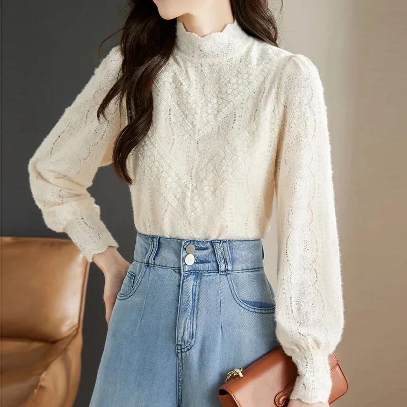 New Long Sleeve Women Blouse Lace Stand Collar Blouse Shirt Women Tops Blusas Para Mujer Camisas De Mujer Camisas Blouses M493