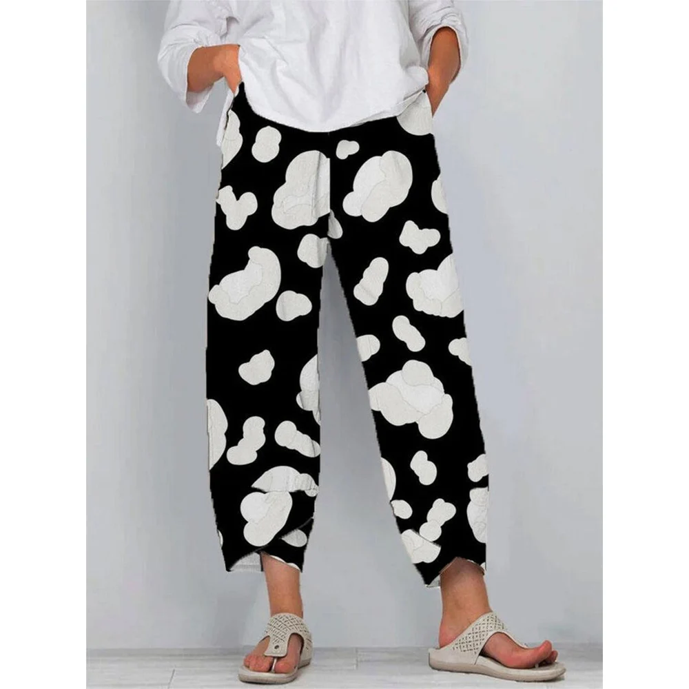 CLOOCL New Women Autumn Pants White Cloud Printing Trousers Double Pocket Stylish Casual Cropped Pants Track Trousers