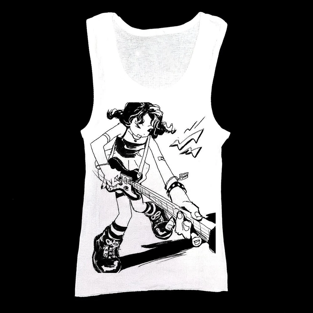 Women Long Sleeve T‑Shirt Round Neck Rock Guitar Player Mask Sketch Graphic Tee Vintage Letter Punk Casual Top